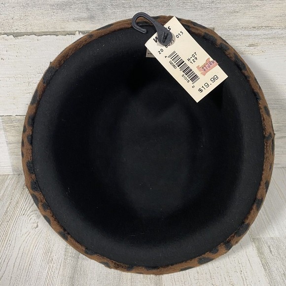 Vintage Wards Black 100% Wool Fedora Hat Cheetah Print Roll Up Trim Brand New - Picture 3 of 5